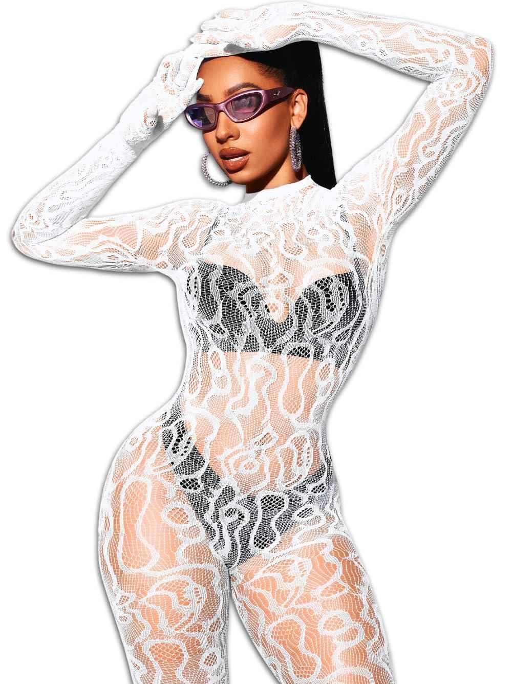 EHSUYAB Women Sexy Fishnet Full Bodysuit Mesh Lace Poster Jumpsuit Glow Party Rave Outfits Body Stockings Halloween Costume White
