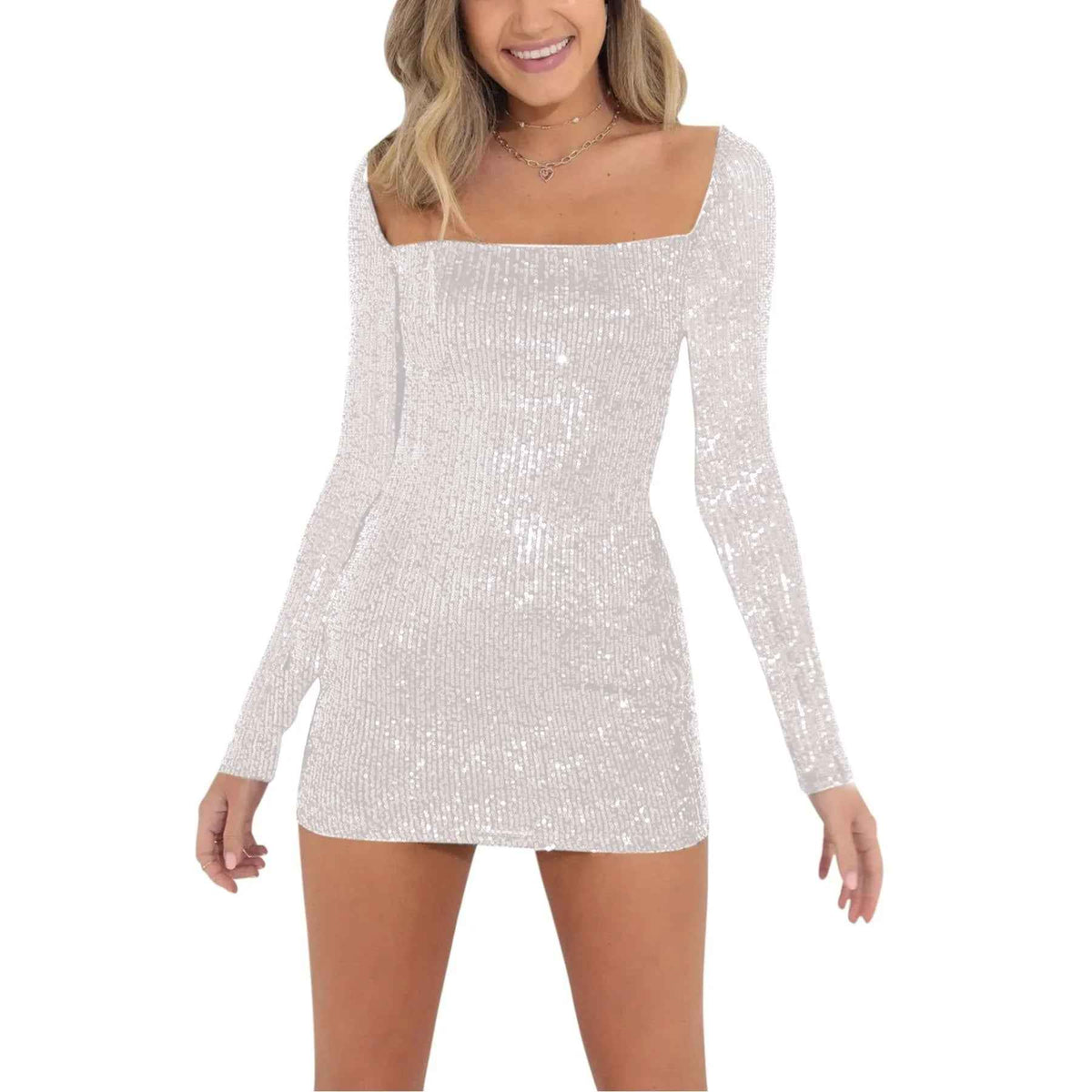 Women Sparkle Sequins Mini Dress Sexy Tie Back Bodycon Dress Long Sleeve Shiny Evening Dresses Night Out Party Outfits White