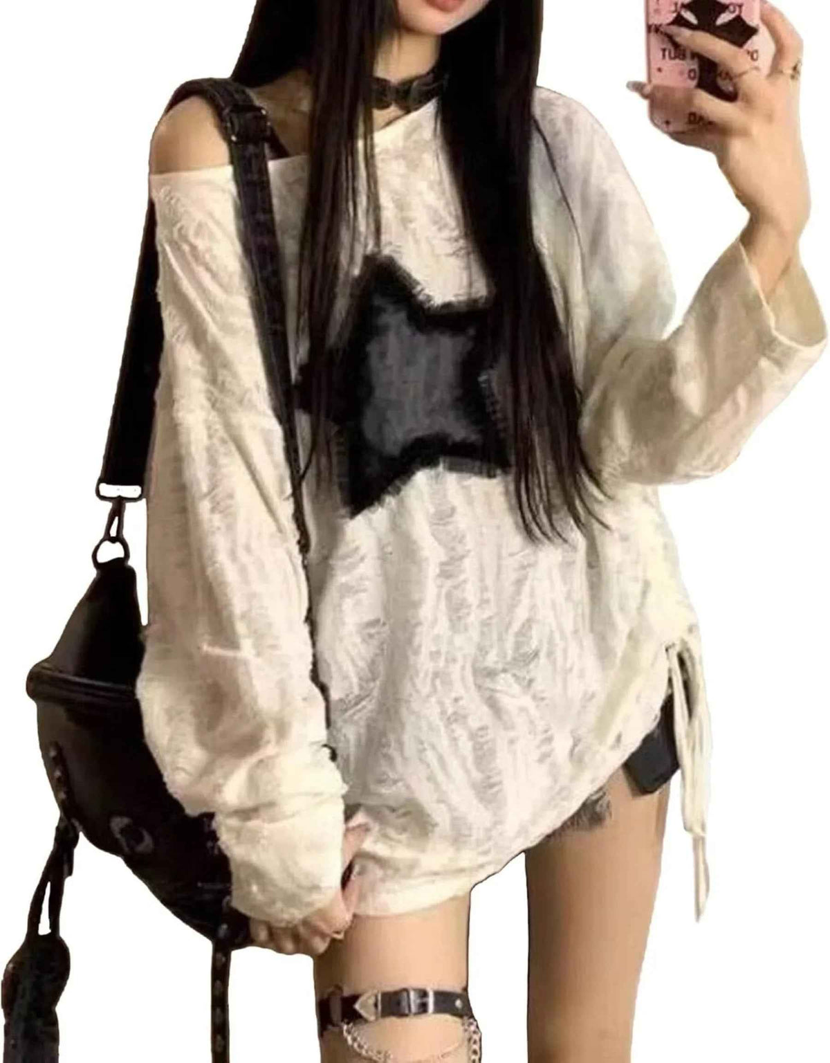 QHD Star Top Y2k Tops Emo Tops Grunge Clothes Goth Clothes Vintage Clothes Off Shoulder Top Long Sleeve Top (WhiteMedium)