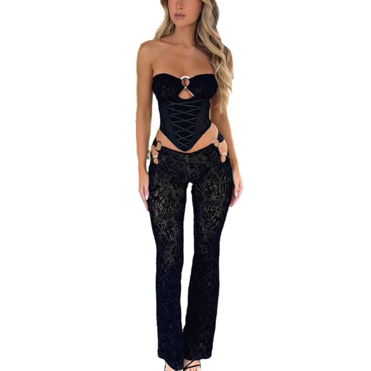 REASERAL Womens Sexy 2 Piece Outfits Lace Up Band Top Ring Cutout Long Pants Sexy Club Sets